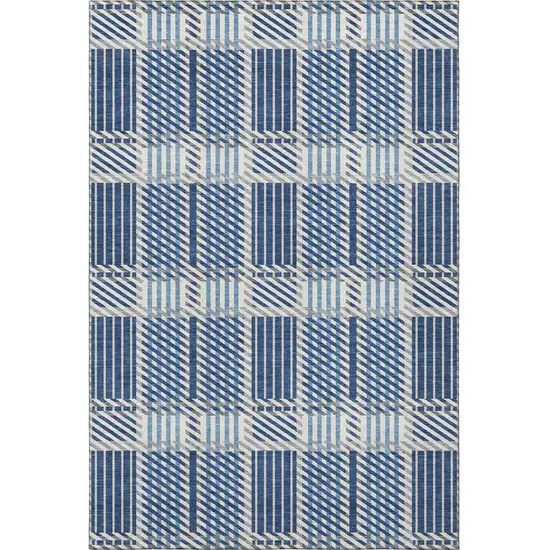 Navy Blue Ivory And Gray Plaid Washable Area Rug With UV Protection Photo 3