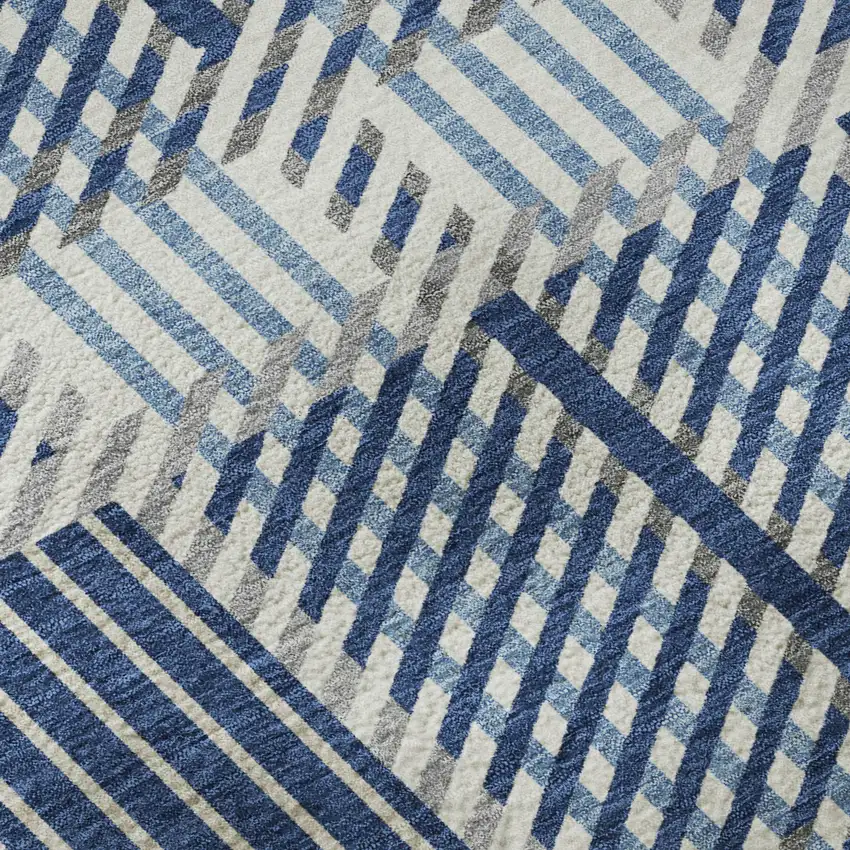 Navy Blue Ivory And Gray Plaid Washable Area Rug With UV Protection Photo 9