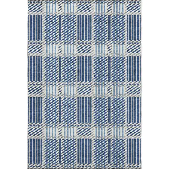 Navy Blue Ivory And Gray Plaid Washable Area Rug With UV Protection Photo 1
