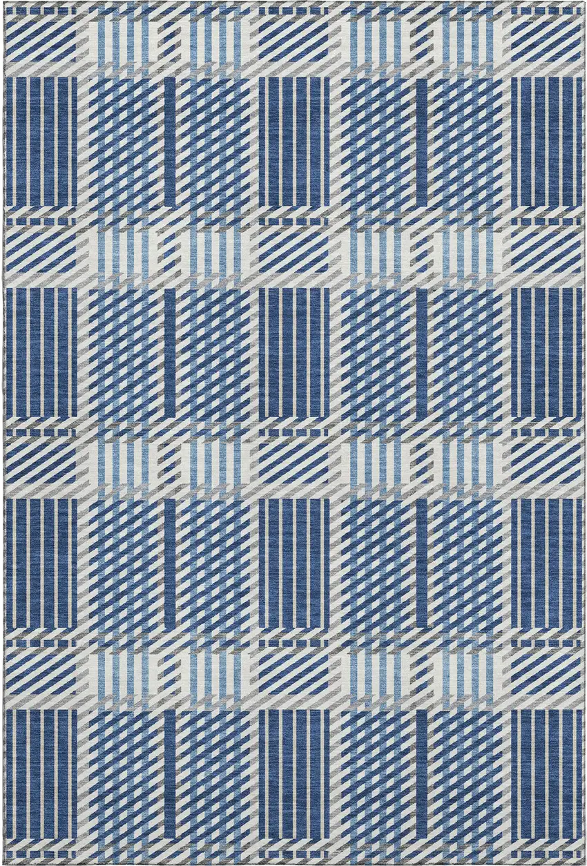 Navy Blue Ivory And Gray Plaid Washable Area Rug With UV Protection Photo 1