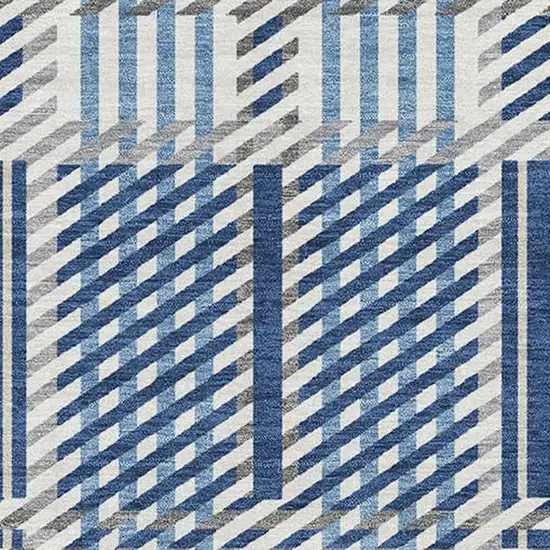 Navy Blue Ivory And Gray Plaid Washable Area Rug With UV Protection Photo 2