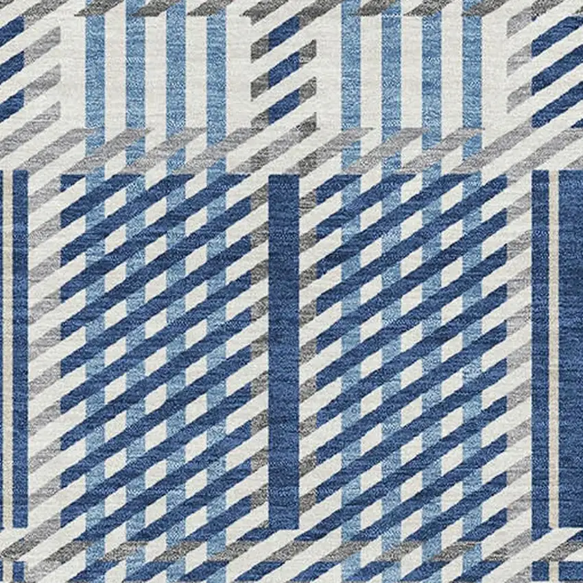 Navy Blue Ivory And Gray Plaid Washable Area Rug With UV Protection Photo 2