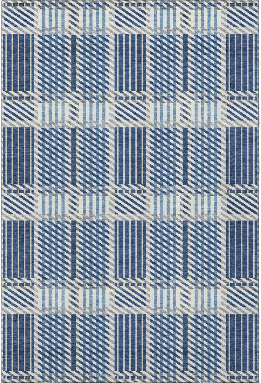 Navy Blue Ivory And Gray Plaid Washable Area Rug With UV Protection Photo 3