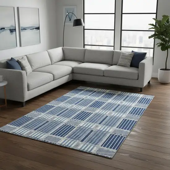 Navy Blue Ivory And Gray Plaid Washable Area Rug With UV Protection Photo 2