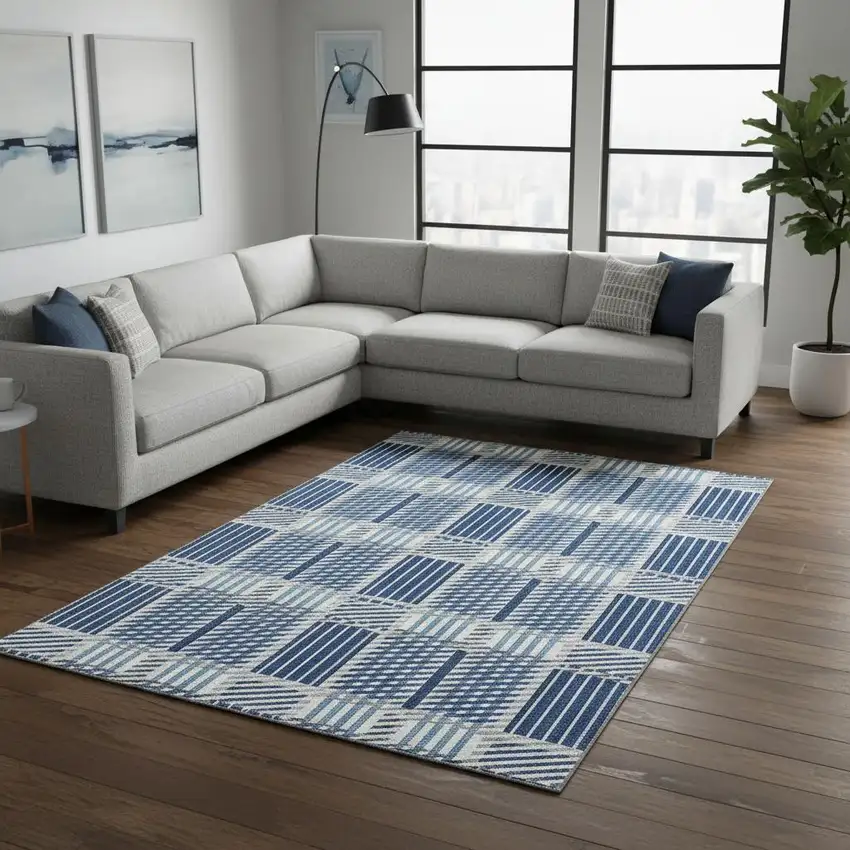 Navy Blue Ivory And Gray Plaid Washable Area Rug With UV Protection Photo 2