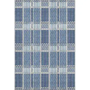 Photo of Navy Blue Ivory And Gray Plaid Washable Area Rug With UV Protection