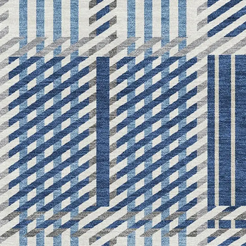 Navy Blue Ivory And Gray Plaid Washable Area Rug With UV Protection Photo 2