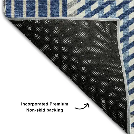 Navy Blue Ivory And Gray Plaid Washable Area Rug With UV Protection Photo 6