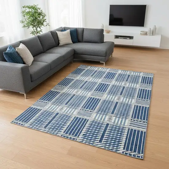Navy Blue Ivory And Gray Plaid Washable Area Rug With UV Protection Photo 2