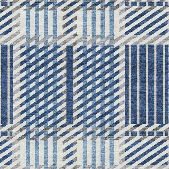 Navy Blue Ivory And Gray Plaid Washable Area Rug With UV Protection Photo 3