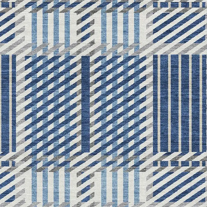 Navy Blue Ivory And Gray Plaid Washable Area Rug With UV Protection Photo 3