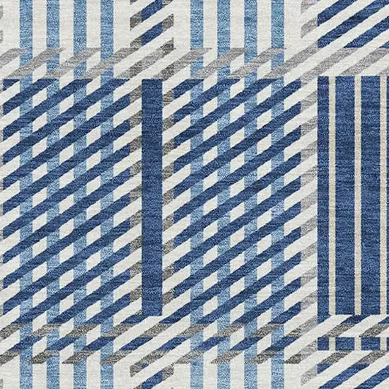 Navy Blue Ivory And Gray Plaid Washable Area Rug With UV Protection Photo 2