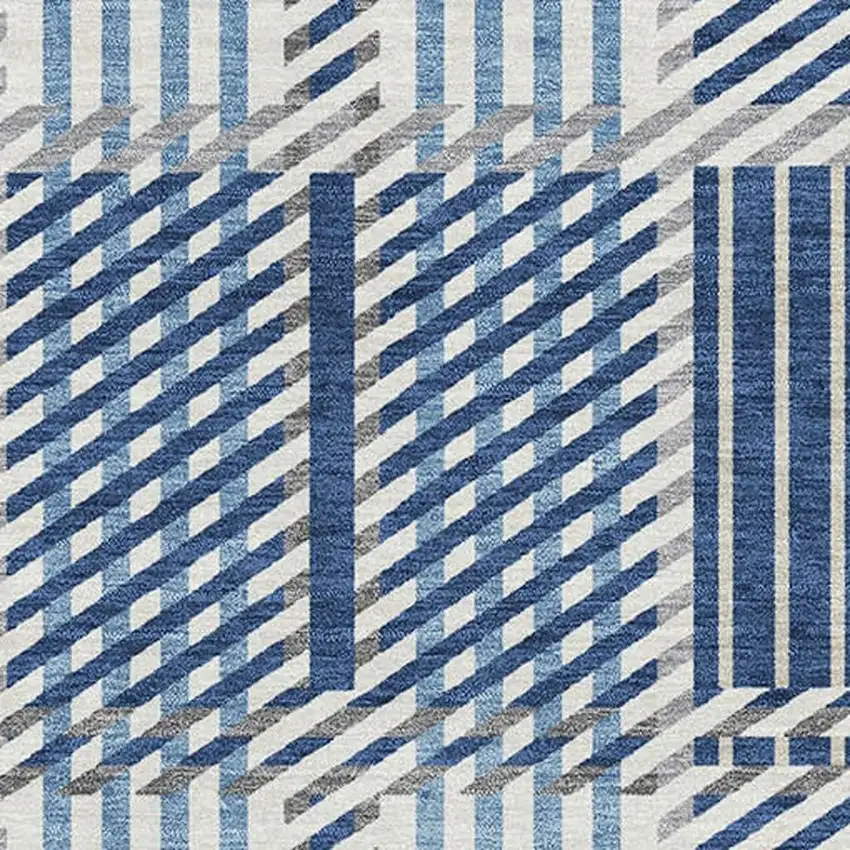 Navy Blue Ivory And Gray Plaid Washable Area Rug With UV Protection Photo 2