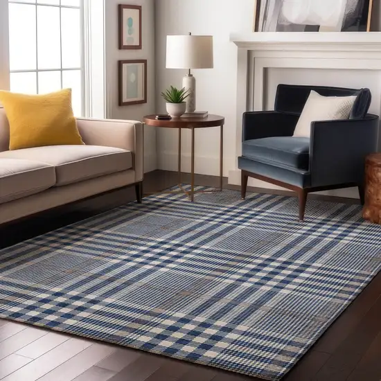 Navy Blue Ivory And Gray Plaid Washable Area Rug With UV Protection Photo 3