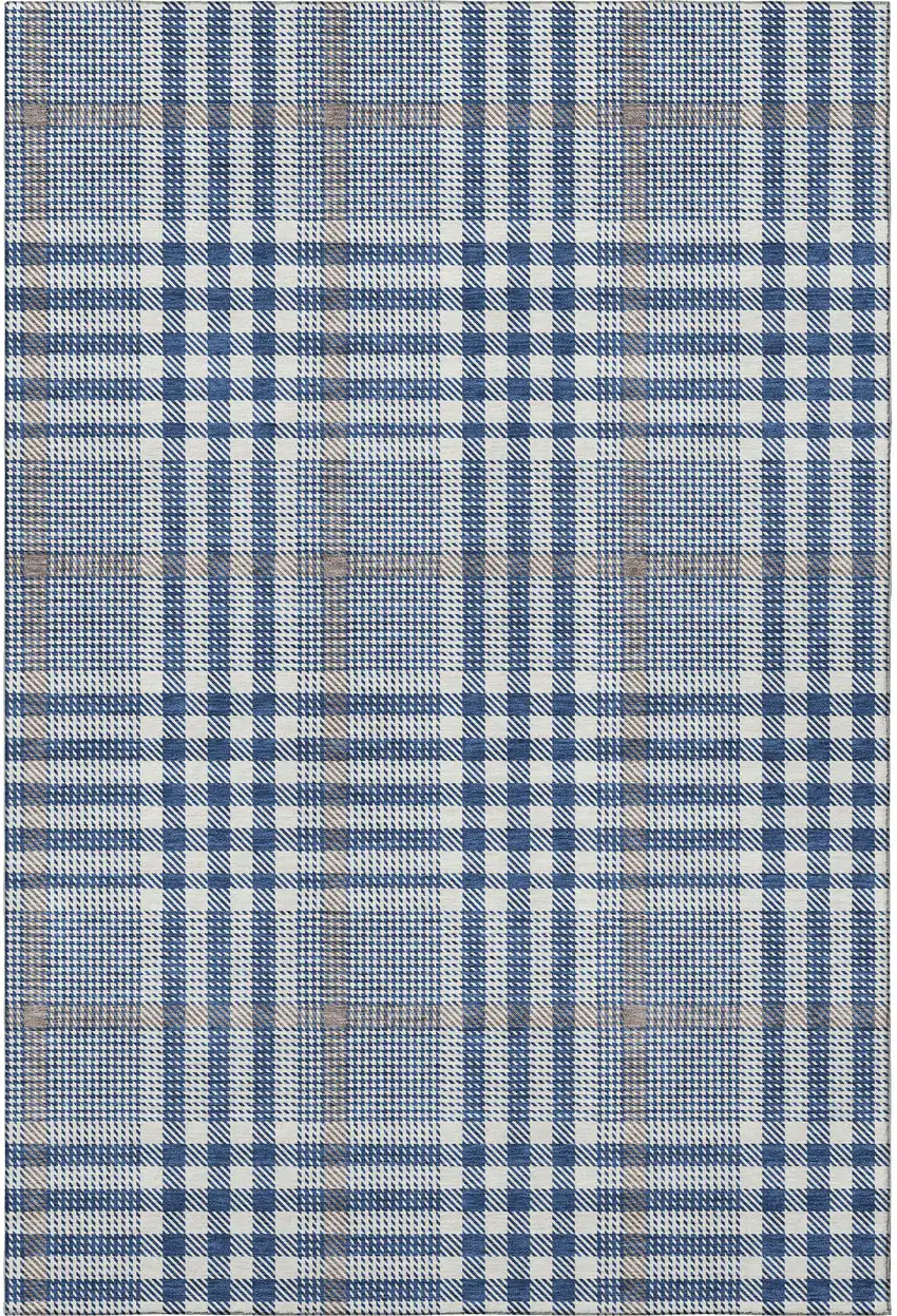 Navy Blue Ivory And Gray Plaid Washable Area Rug With UV Protection Photo 2