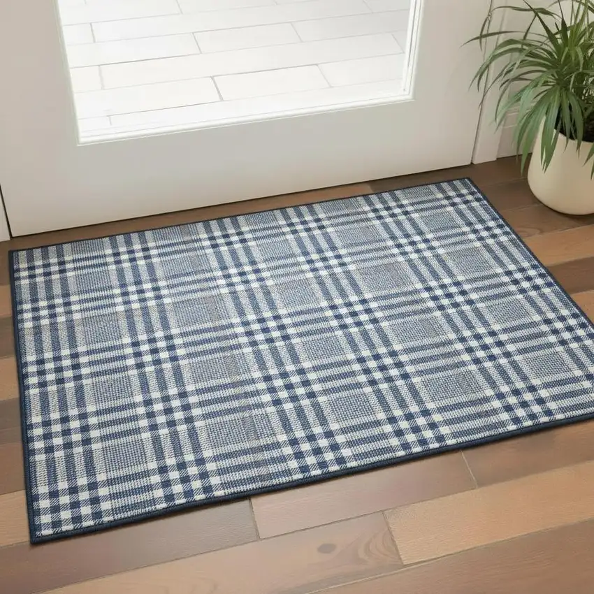 Navy Blue Ivory And Gray Plaid Washable Area Rug With UV Protection Photo 2