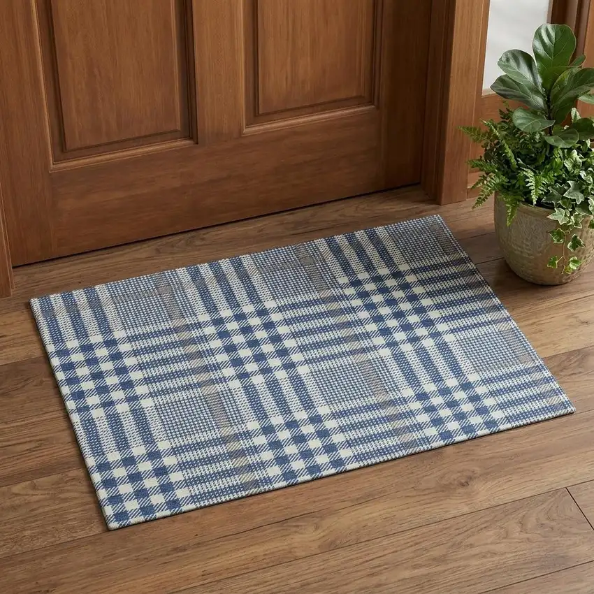Navy Blue Ivory And Gray Plaid Washable Area Rug With UV Protection Photo 1