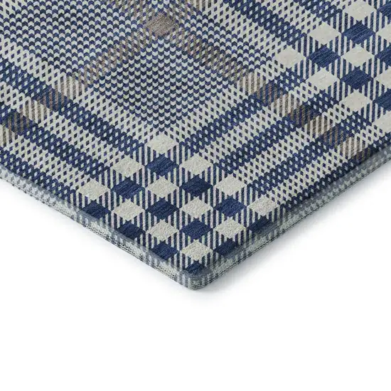 Navy Blue Ivory And Gray Plaid Washable Area Rug With UV Protection Photo 6