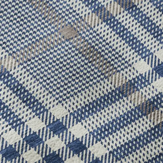 Navy Blue Ivory And Gray Plaid Washable Area Rug With UV Protection Photo 8