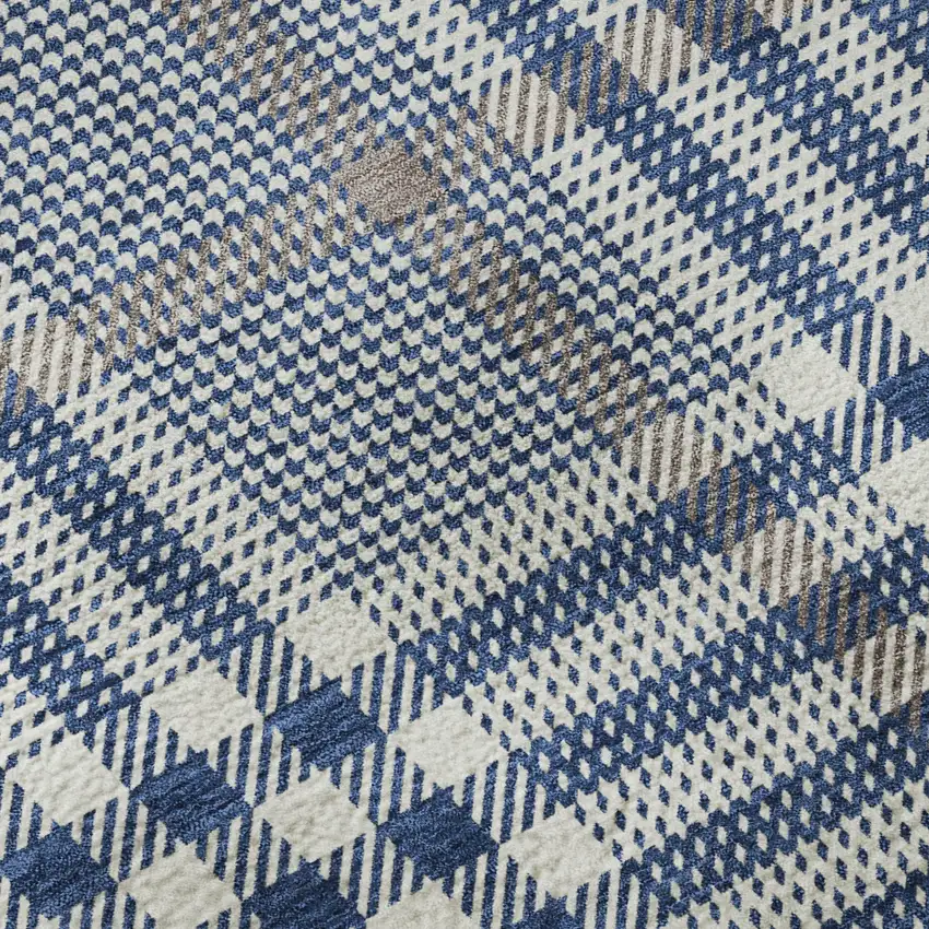 Navy Blue Ivory And Gray Plaid Washable Area Rug With UV Protection Photo 8