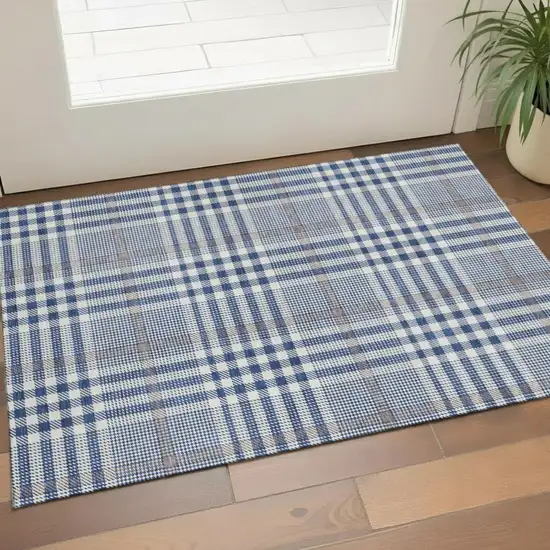 Navy Blue Ivory And Gray Plaid Washable Area Rug With UV Protection Photo 1