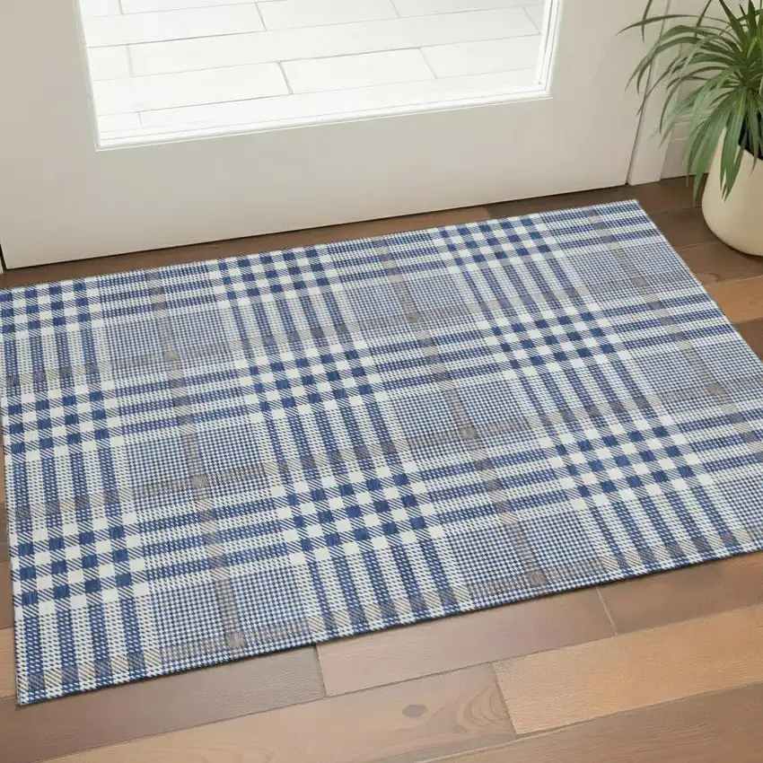Navy Blue Ivory And Gray Plaid Washable Area Rug With UV Protection Photo 1