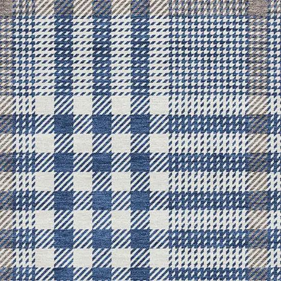 Navy Blue Ivory And Gray Plaid Washable Area Rug With UV Protection Photo 3