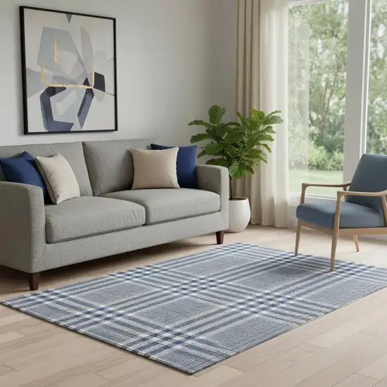 Navy Blue Ivory And Gray Plaid Washable Area Rug With UV Protection Photo 2