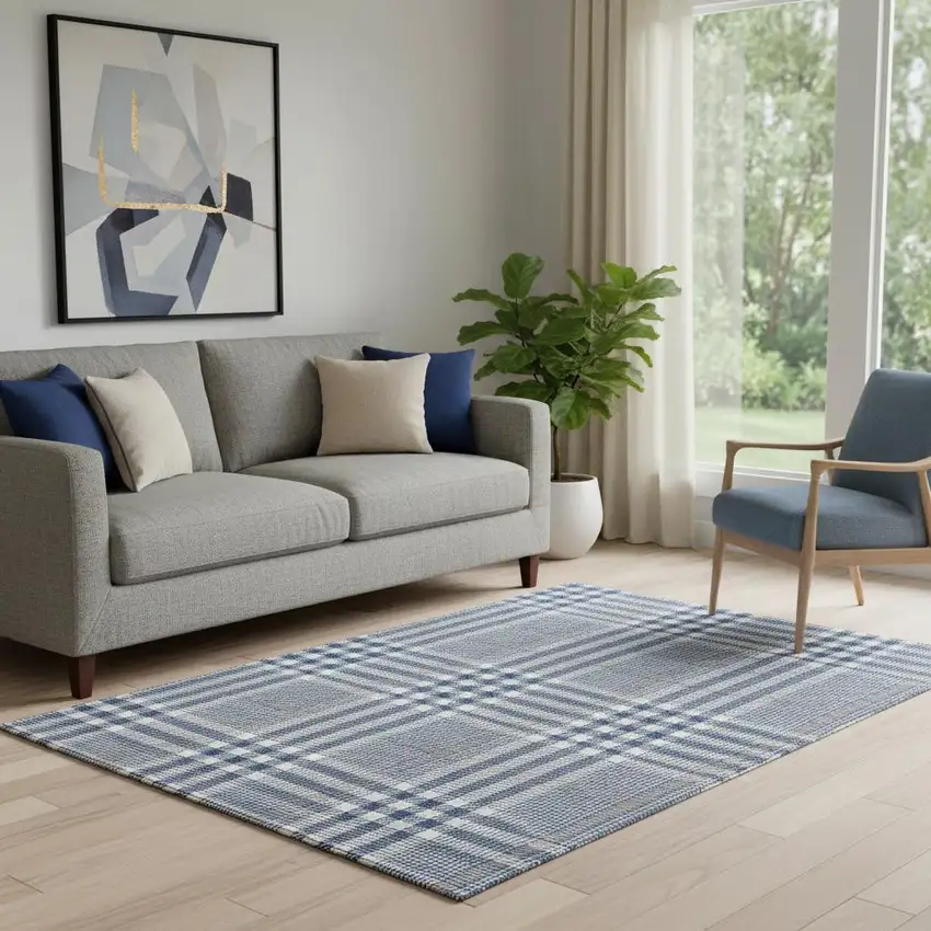 Navy Blue Ivory And Gray Plaid Washable Area Rug With UV Protection Photo 2