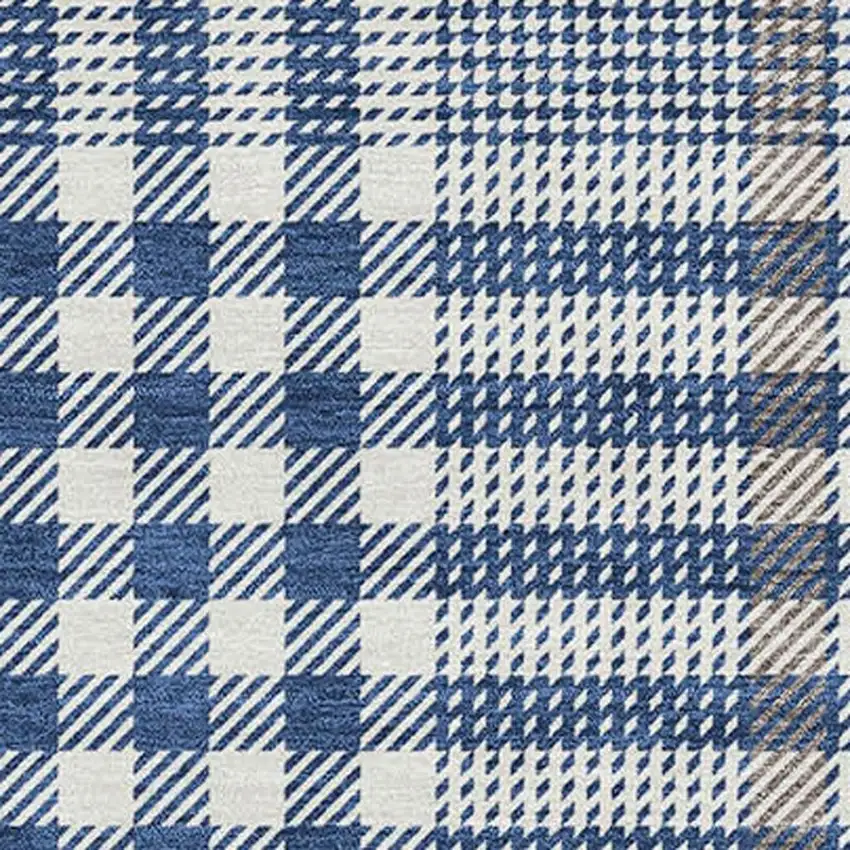 Navy Blue Ivory And Gray Plaid Washable Area Rug With UV Protection Photo 2