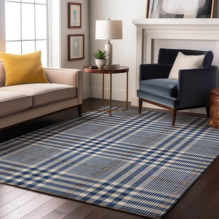 Navy Blue Ivory And Gray Plaid Washable Area Rug With UV Protection Photo 4