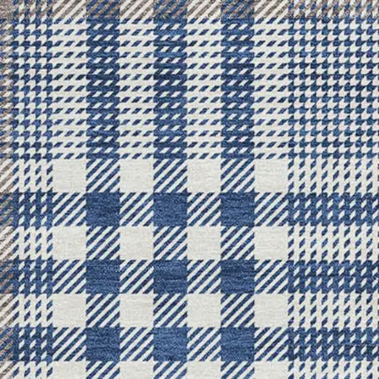 Navy Blue Ivory And Gray Plaid Washable Area Rug With UV Protection Photo 2