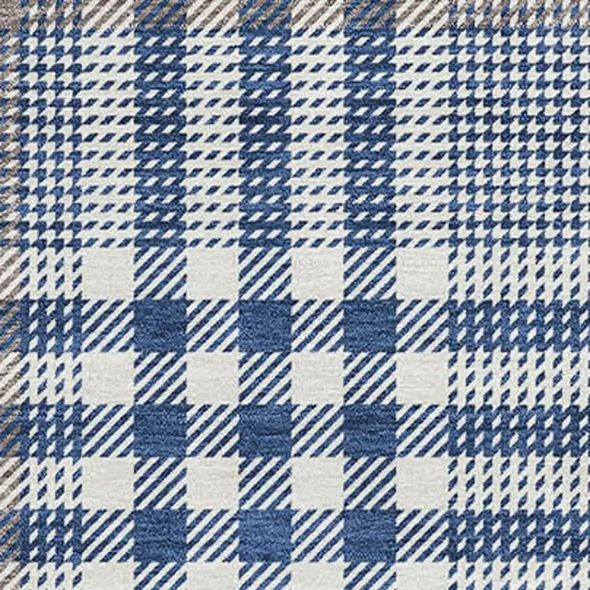 Navy Blue Ivory And Gray Plaid Washable Area Rug With UV Protection Photo 2