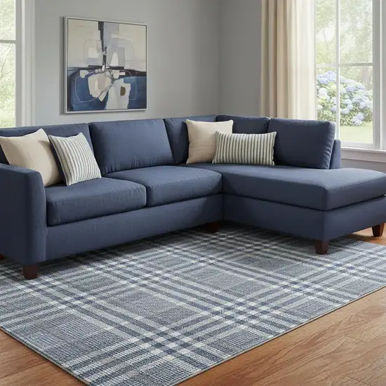 Navy Blue Ivory And Gray Plaid Washable Area Rug With UV Protection Photo 2