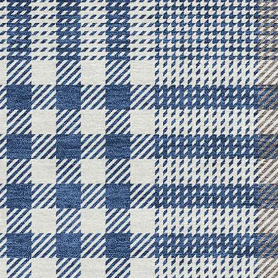Navy Blue Ivory And Gray Plaid Washable Area Rug With UV Protection Photo 2