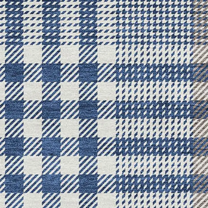 Navy Blue Ivory And Gray Plaid Washable Area Rug With UV Protection Photo 2