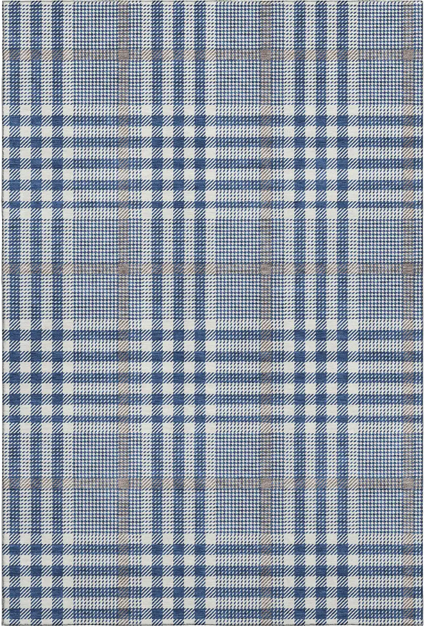 Navy Blue Ivory And Gray Plaid Washable Area Rug With UV Protection Photo 1