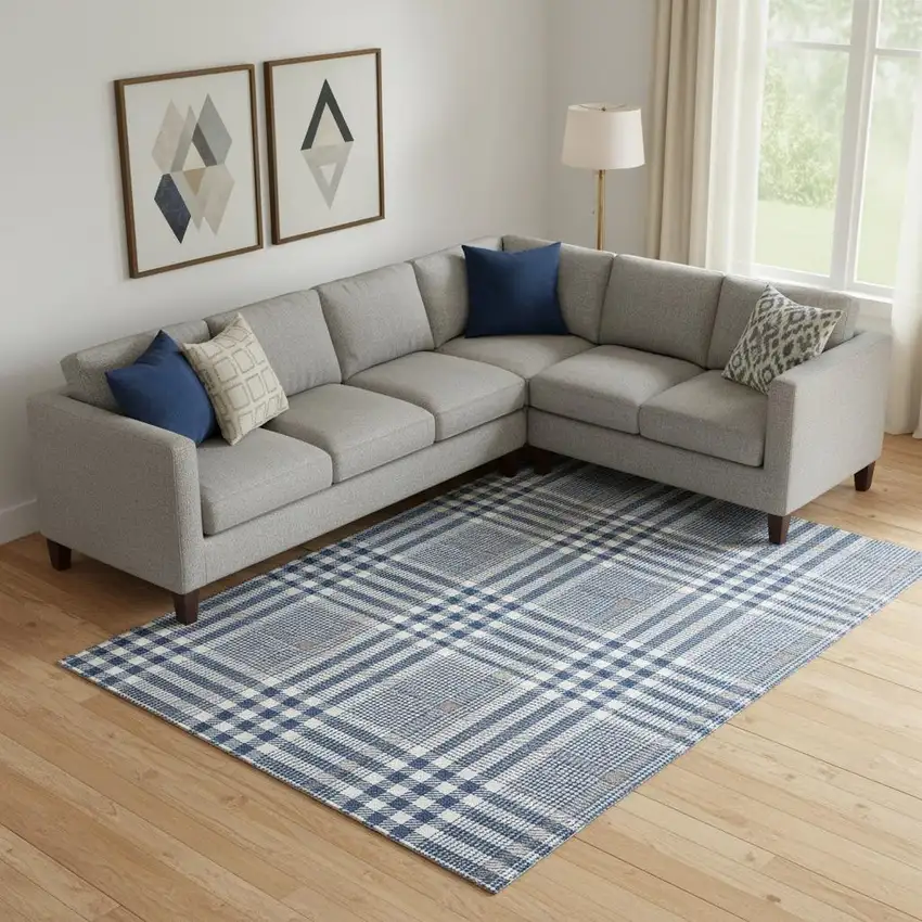 Navy Blue Ivory And Gray Plaid Washable Area Rug With UV Protection Photo 2