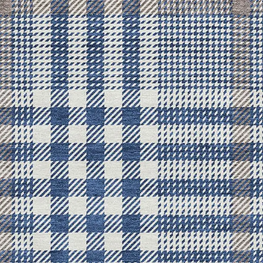 Navy Blue Ivory And Gray Plaid Washable Area Rug With UV Protection Photo 3