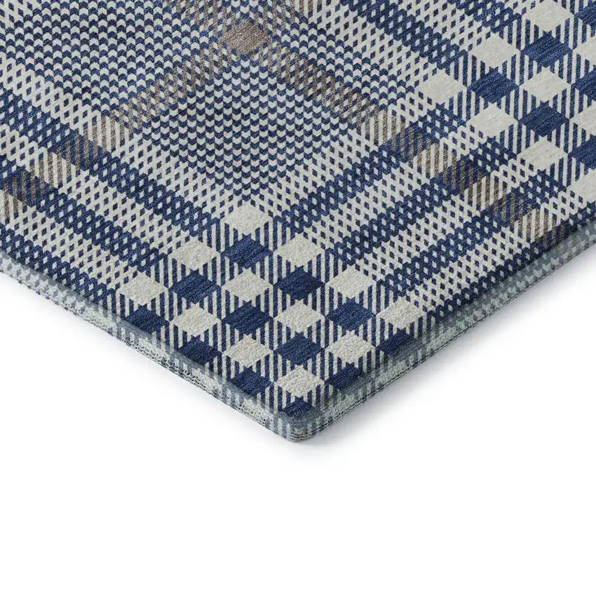 Navy Blue Ivory And Gray Plaid Washable Area Rug With UV Protection Photo 7