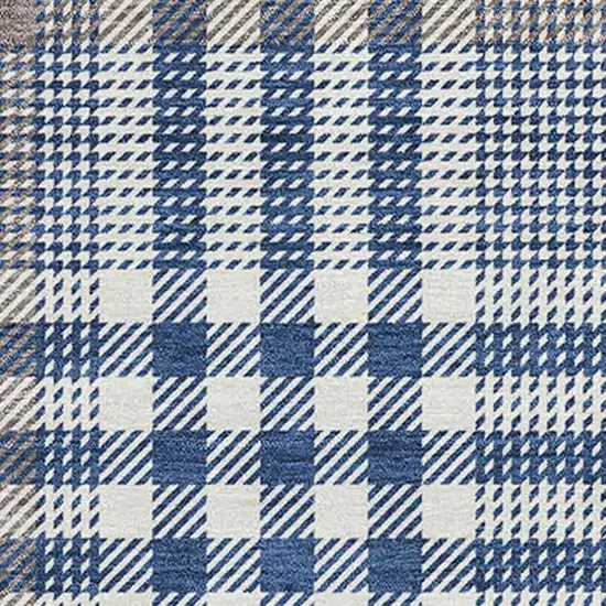 Navy Blue Ivory And Gray Plaid Washable Area Rug With UV Protection Photo 2