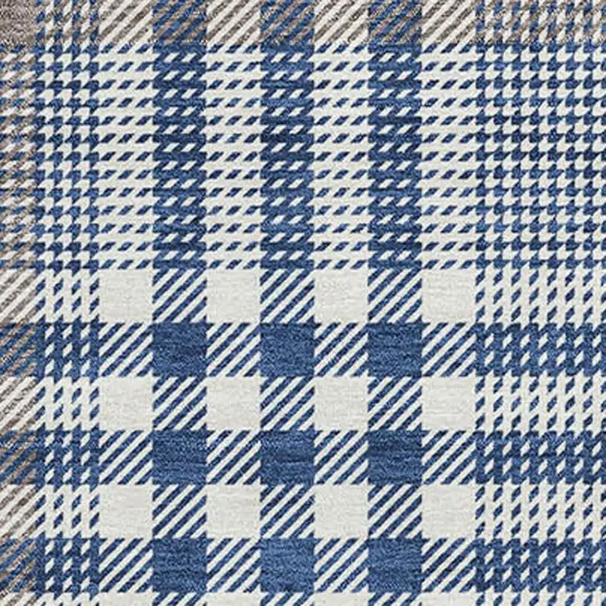 Navy Blue Ivory And Gray Plaid Washable Area Rug With UV Protection Photo 2