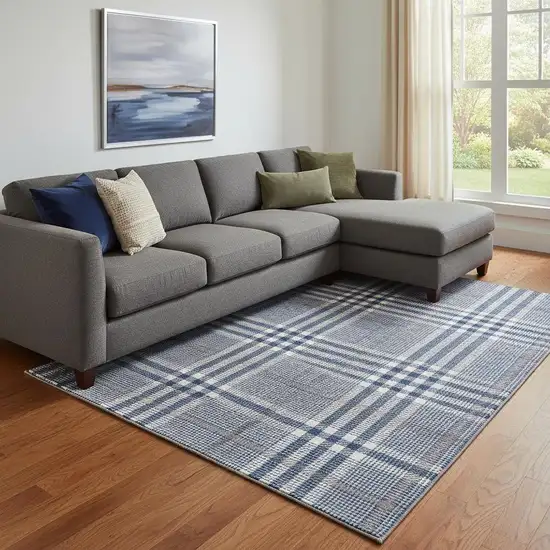 Navy Blue Ivory And Gray Plaid Washable Area Rug With UV Protection Photo 2