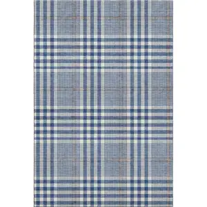 Photo of Navy Blue Ivory And Gray Plaid Washable Area Rug With UV Protection