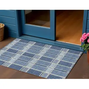 Photo of Navy Blue Ivory And Gray Plaid Washable Indoor Outdoor Area Rug