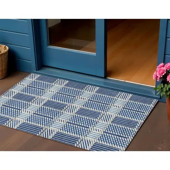 Navy Blue Ivory And Gray Plaid Washable Indoor Outdoor Area Rug Photo 1