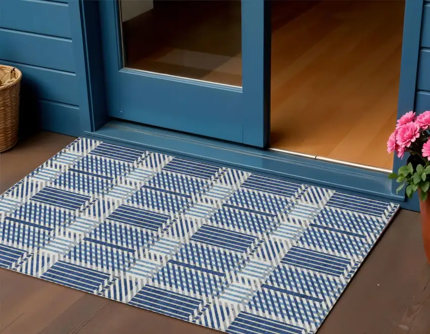 Navy Blue Ivory And Gray Plaid Washable Indoor Outdoor Area Rug Photo 1