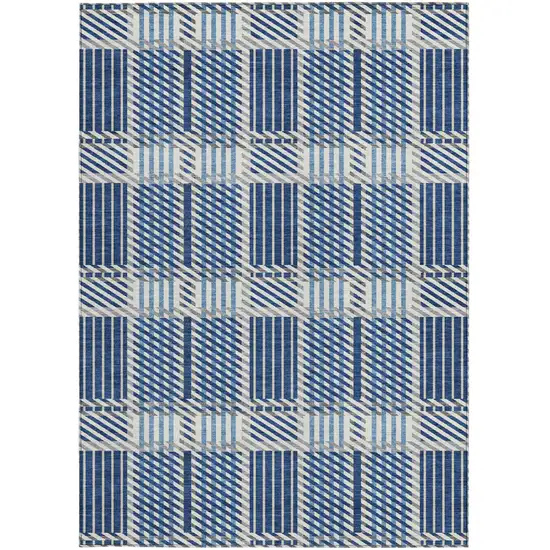 Navy Blue Ivory And Gray Plaid Washable Indoor Outdoor Area Rug Photo 4