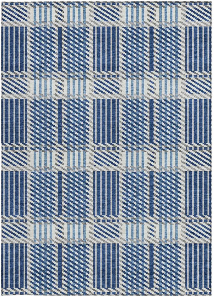 Navy Blue Ivory And Gray Plaid Washable Indoor Outdoor Area Rug Photo 4