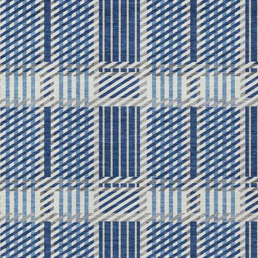 Navy Blue Ivory And Gray Plaid Washable Indoor Outdoor Area Rug Photo 5